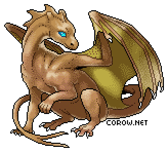 A larger image of a small brown dragon resting on its haunches, with wings half-unfurled. It has a calm expression.