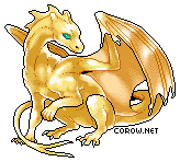A small gold dragon resting on its haunches, with wings half-unfurled. It has a calm expression.