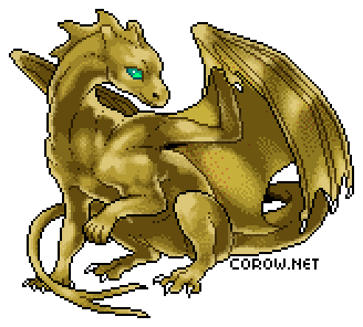 A larger image of a small bronze dragon resting on its haunches, with wings half-unfurled. It has a calm expression.