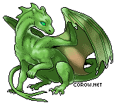 A small green dragon resting on its haunches, with wings half-unfurled. It has a calm expression.