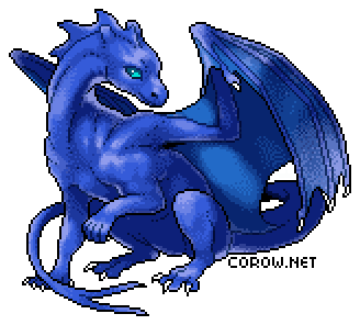A larger image of a small blue dragon resting on its haunches, with wings half-unfurled. It has a calm expression.