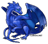 A small blue dragon resting on its haunches, with wings half-unfurled. It has a calm expression.