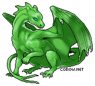 A larger image of a small green dragon resting on its haunches, with wings half-unfurled. It has a calm expression.