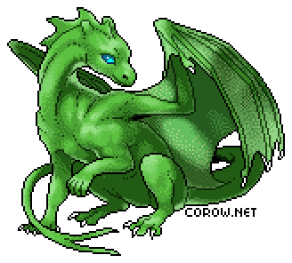 A larger image of a small green dragon resting on its haunches, with wings half-unfurled. It has a calm expression.