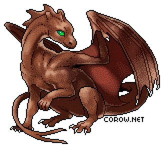 A larger image of a small brown dragon resting on its haunches, with wings half-unfurled. It has a calm expression.