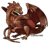 A small brown dragon resting on its haunches, with wings half-unfurled. It has a calm expression.