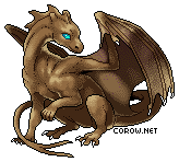 A small brown dragon resting on its haunches, with wings half-unfurled. It has a calm expression.