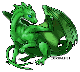 A small green dragon resting on its haunches, with wings half-unfurled. It has a calm expression.