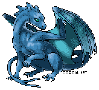A larger image of a small blue dragon resting on its haunches, with wings half-unfurled. It has a calm expression.
