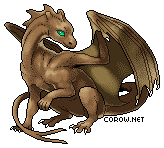 A small brown dragon resting on its haunches, with wings half-unfurled. It has a calm expression.