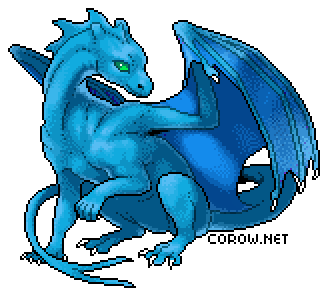 A larger image of a small blue dragon resting on its haunches, with wings half-unfurled. It has a calm expression.