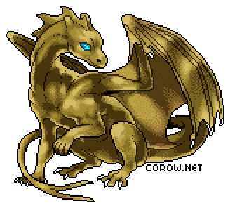 A larger image of a small bronze dragon resting on its haunches, with wings half-unfurled. It has a calm expression.