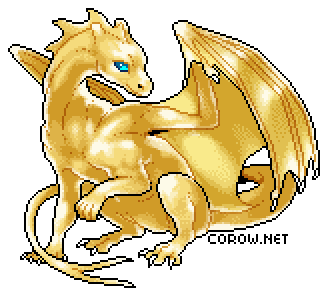 A larger image of a small gold dragon resting on its haunches, with wings half-unfurled. It has a calm expression.