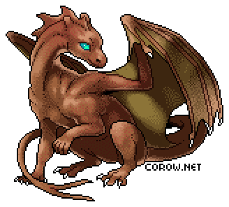 A larger image of a small brown dragon resting on its haunches, with wings half-unfurled. It has a calm expression.