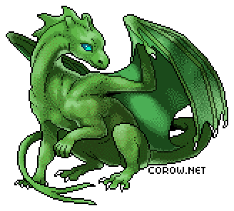 A larger image of a small green dragon resting on its haunches, with wings half-unfurled. It has a calm expression.