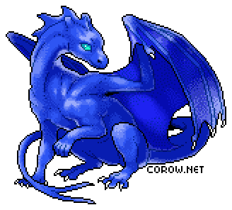 A larger image of a small blue dragon resting on its haunches, with wings half-unfurled. It has a calm expression.