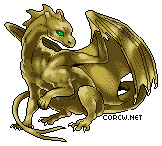 A larger image of a small bronze dragon resting on its haunches, with wings half-unfurled. It has a calm expression.