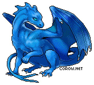 A larger image of a small blue dragon resting on its haunches, with wings half-unfurled. It has a calm expression.