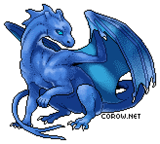 A larger image of a small blue dragon resting on its haunches, with wings half-unfurled. It has a calm expression.