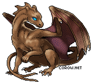 A larger image of a small brown dragon resting on its haunches, with wings half-unfurled. It has a calm expression.