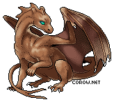 A small brown dragon resting on its haunches, with wings half-unfurled. It has a calm expression.