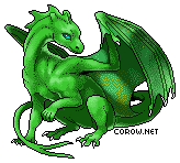 A small green dragon resting on its haunches, with wings half-unfurled. It has a calm expression.