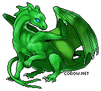 A larger image of a small green dragon resting on its haunches, with wings half-unfurled. It has a calm expression.