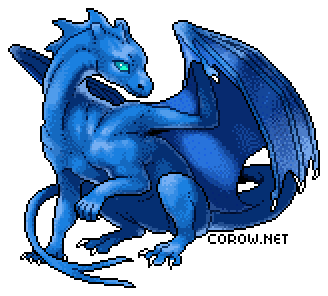 A larger image of a small blue dragon resting on its haunches, with wings half-unfurled. It has a calm expression.