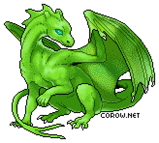 A larger image of a small green dragon resting on its haunches, with wings half-unfurled. It has a calm expression.