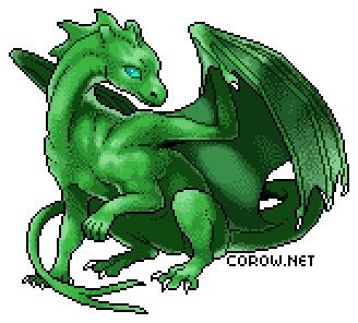 A larger image of a small green dragon resting on its haunches, with wings half-unfurled. It has a calm expression.