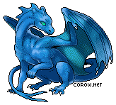 A small blue dragon resting on its haunches, with wings half-unfurled. It has a calm expression.