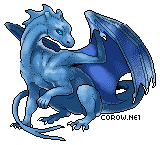A larger image of a small blue dragon resting on its haunches, with wings half-unfurled. It has a calm expression.