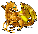 A small gold dragon resting on its haunches, with wings half-unfurled. It has a calm expression.