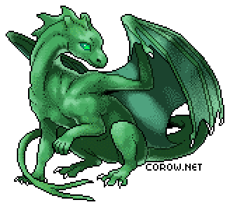 A larger image of a small green dragon resting on its haunches, with wings half-unfurled. It has a calm expression.