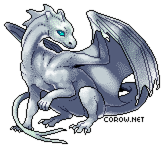 A larger image of a small white dragon resting on its haunches, with wings half-unfurled. It has a calm expression.