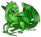 A small green dragon resting on its haunches, with wings half-unfurled. It has a calm expression.