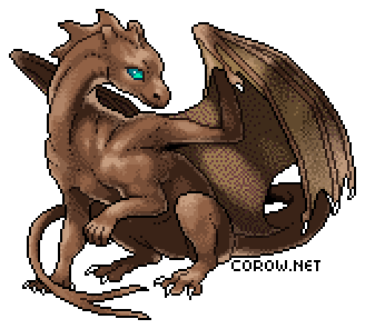A larger image of a small brown dragon resting on its haunches, with wings half-unfurled. It has a calm expression.