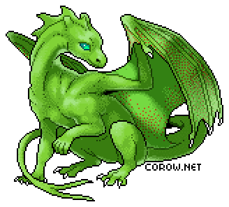 A larger image of a small green dragon resting on its haunches, with wings half-unfurled. It has a calm expression.