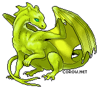A larger image of a small green dragon resting on its haunches, with wings half-unfurled. It has a calm expression.