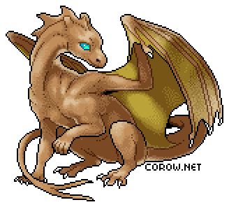 A larger image of a small brown dragon resting on its haunches, with wings half-unfurled. It has a calm expression.