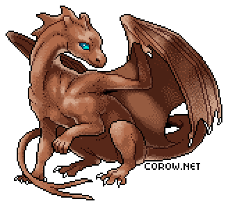 A larger image of a small brown dragon resting on its haunches, with wings half-unfurled. It has a calm expression.