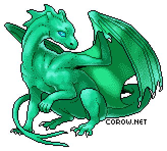 A larger image of a small green dragon resting on its haunches, with wings half-unfurled. It has a calm expression.