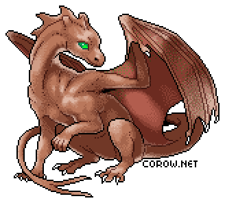 A larger image of a small brown dragon resting on its haunches, with wings half-unfurled. It has a calm expression.