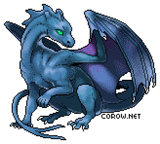 A larger image of a small blue dragon resting on its haunches, with wings half-unfurled. It has a calm expression.