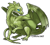 A small green dragon resting on its haunches, with wings half-unfurled. It has a calm expression.