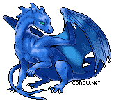 A small blue dragon resting on its haunches, with wings half-unfurled. It has a calm expression.