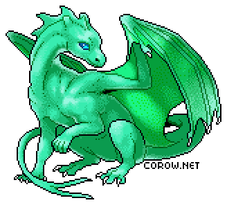 A larger image of a small green dragon resting on its haunches, with wings half-unfurled. It has a calm expression.