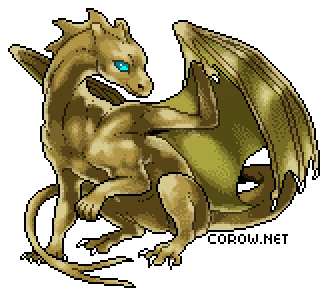 A larger image of a small bronze dragon resting on its haunches, with wings half-unfurled. It has a calm expression.