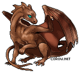 A larger image of a small brown dragon resting on its haunches, with wings half-unfurled. It has a calm expression.