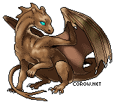 A small brown dragon resting on its haunches, with wings half-unfurled. It has a calm expression.